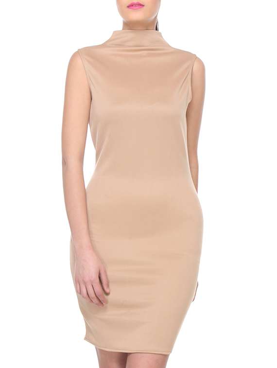 beige polyester bodycon dress