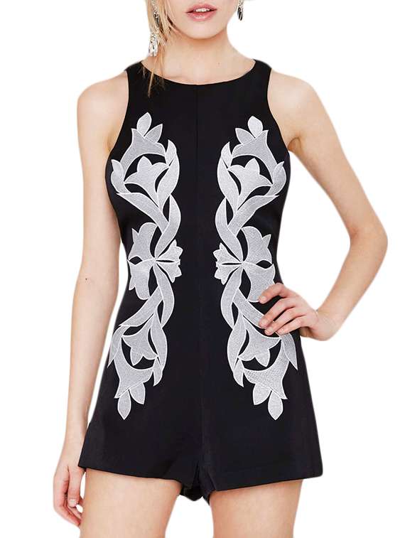 black embroidered polyester romper