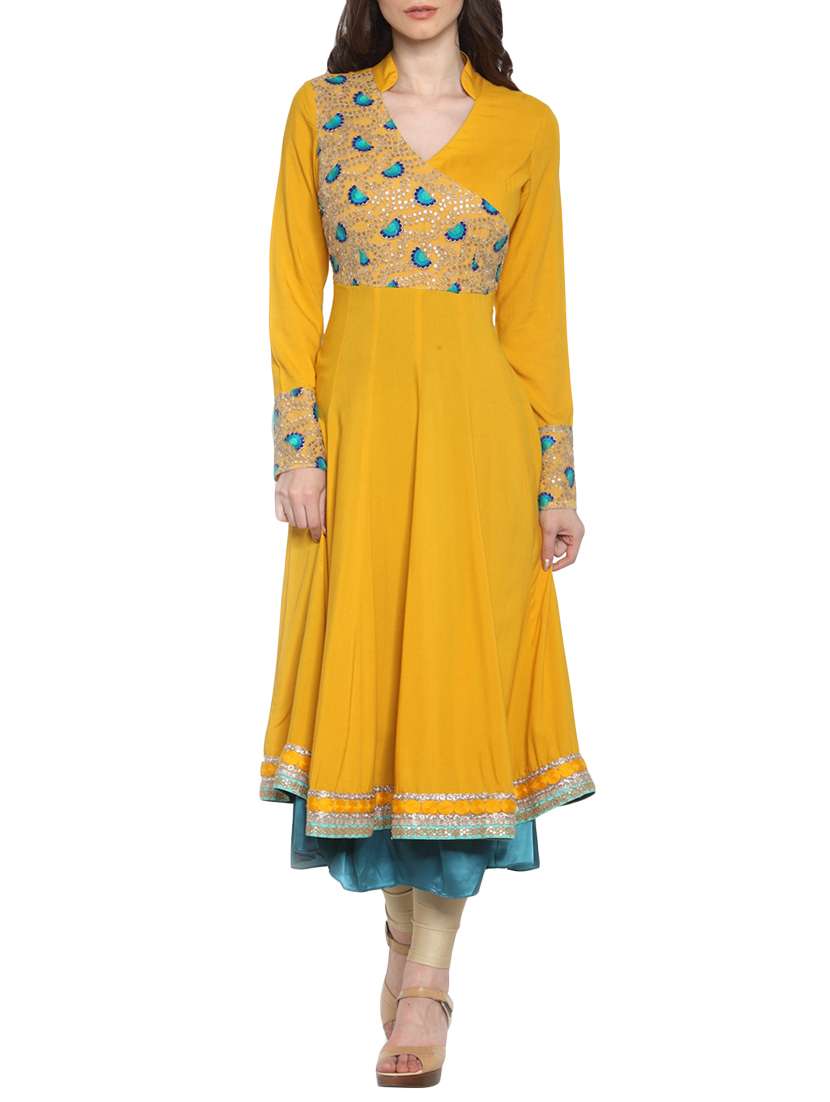 yellow embroidered party wear rayon kurta