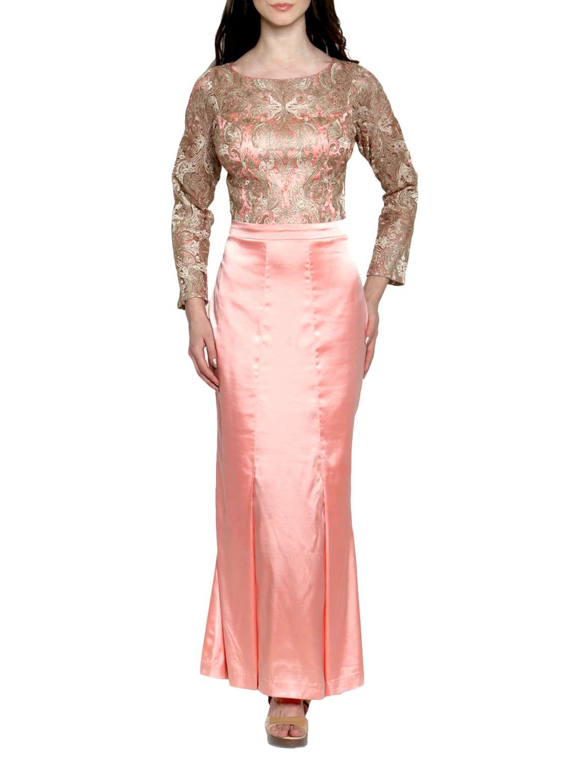pleat detail embroidered gown