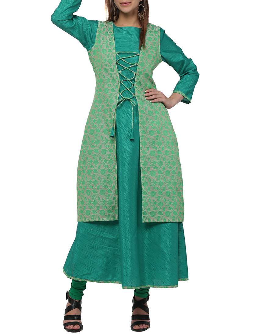 green silk straight kurta