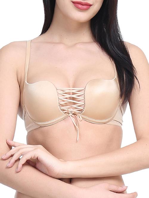 beige cotton plunge bra - 12455828 - Standard Image - 0