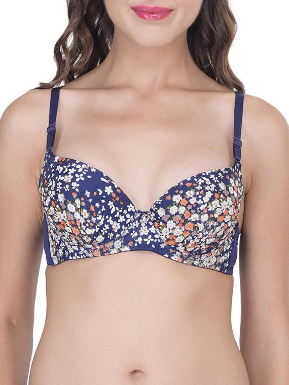 navy blue floral printed cotton regular bra - 12455891 -  Zoom Image - 0
