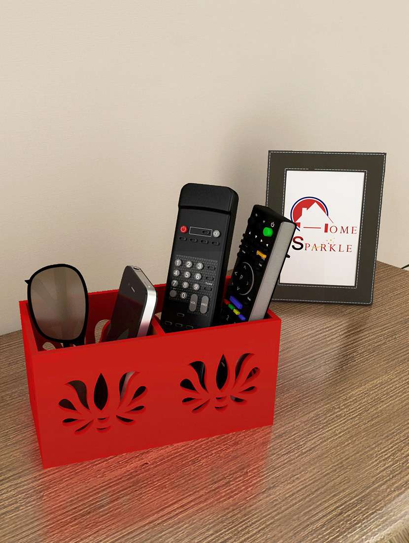 red engineered wood remote cum mobile holder