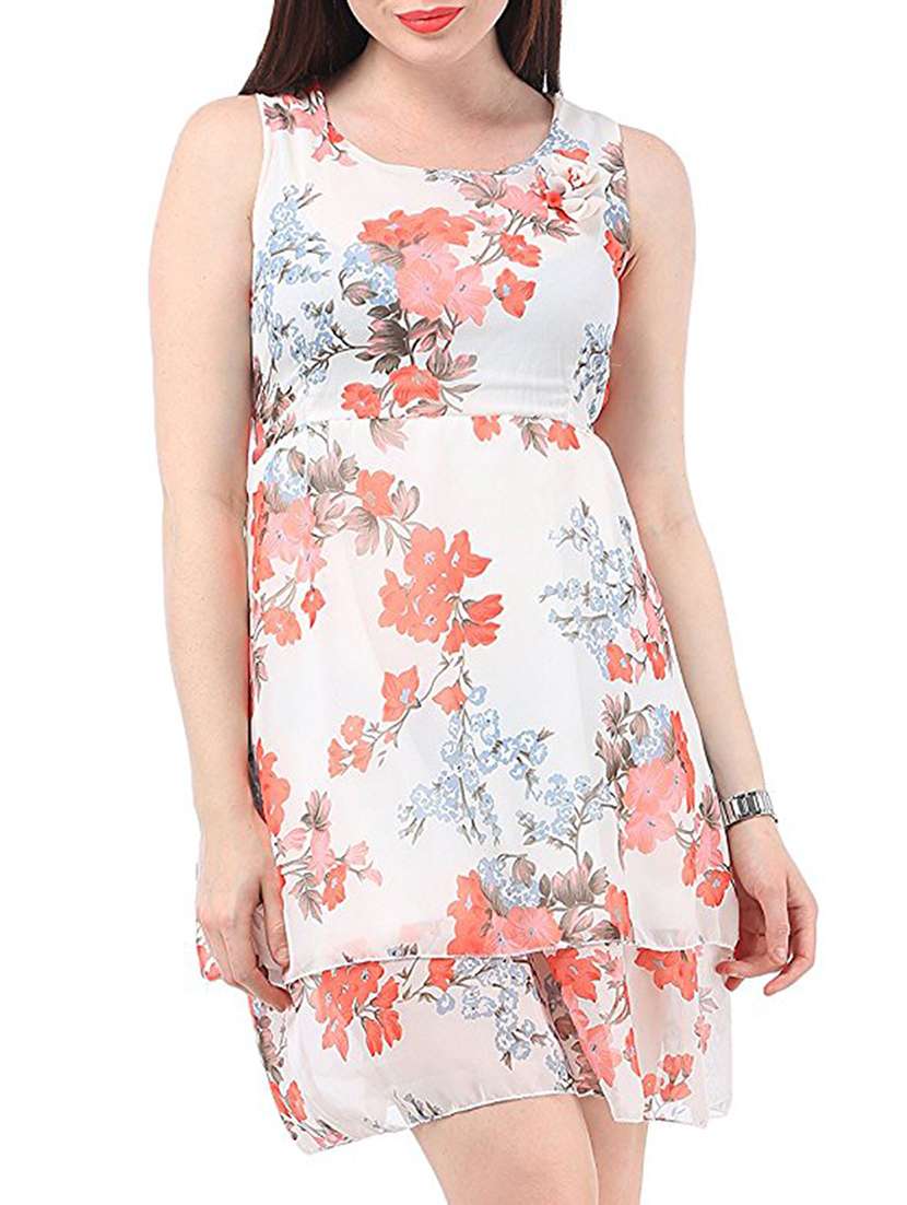 white poly georgette belted dress