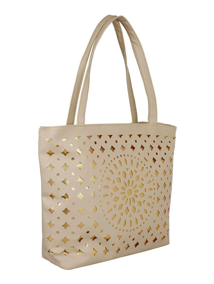 beige synthetic leather cutwork handbag