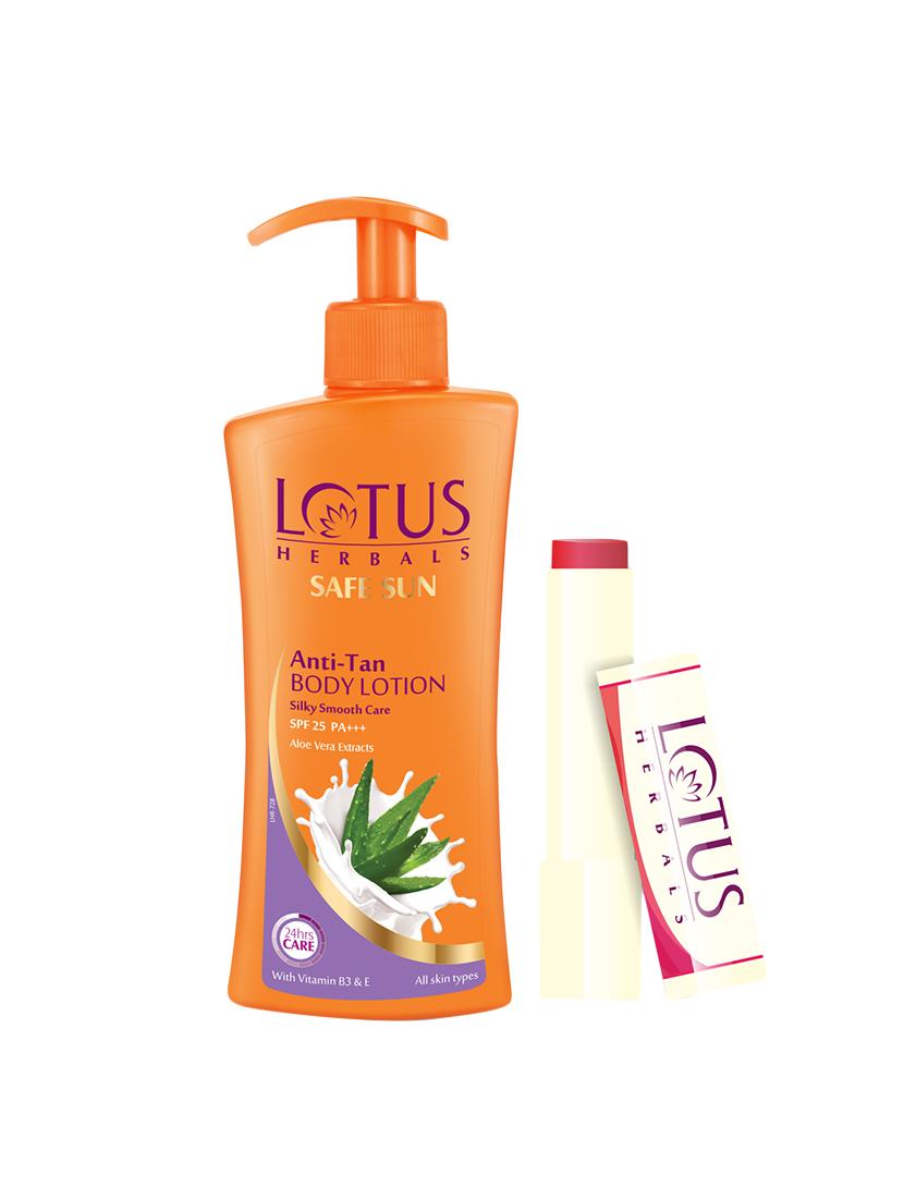 Lotus Herbals SAFE SUN Anti-Tan BODY LOTION Silky Smooth Care SPF 25 PA+++ With Free Velvety Rose Lip Therapy Worth Rs 145 - By