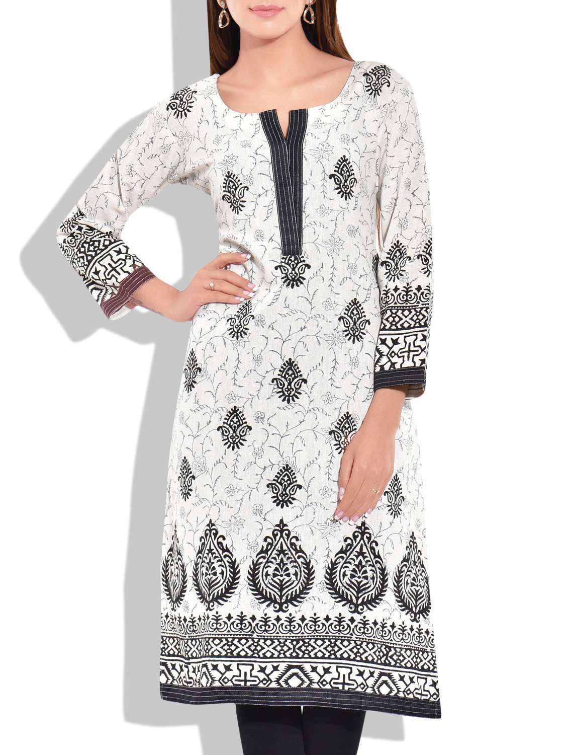 white- black colored khadi printed kurta