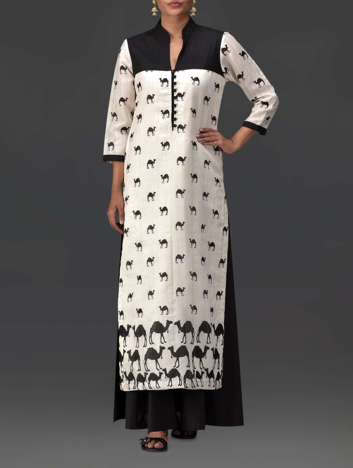 Buy online Camel Print Blackwhite Long Cotton Kurta from Kurta Kurtis