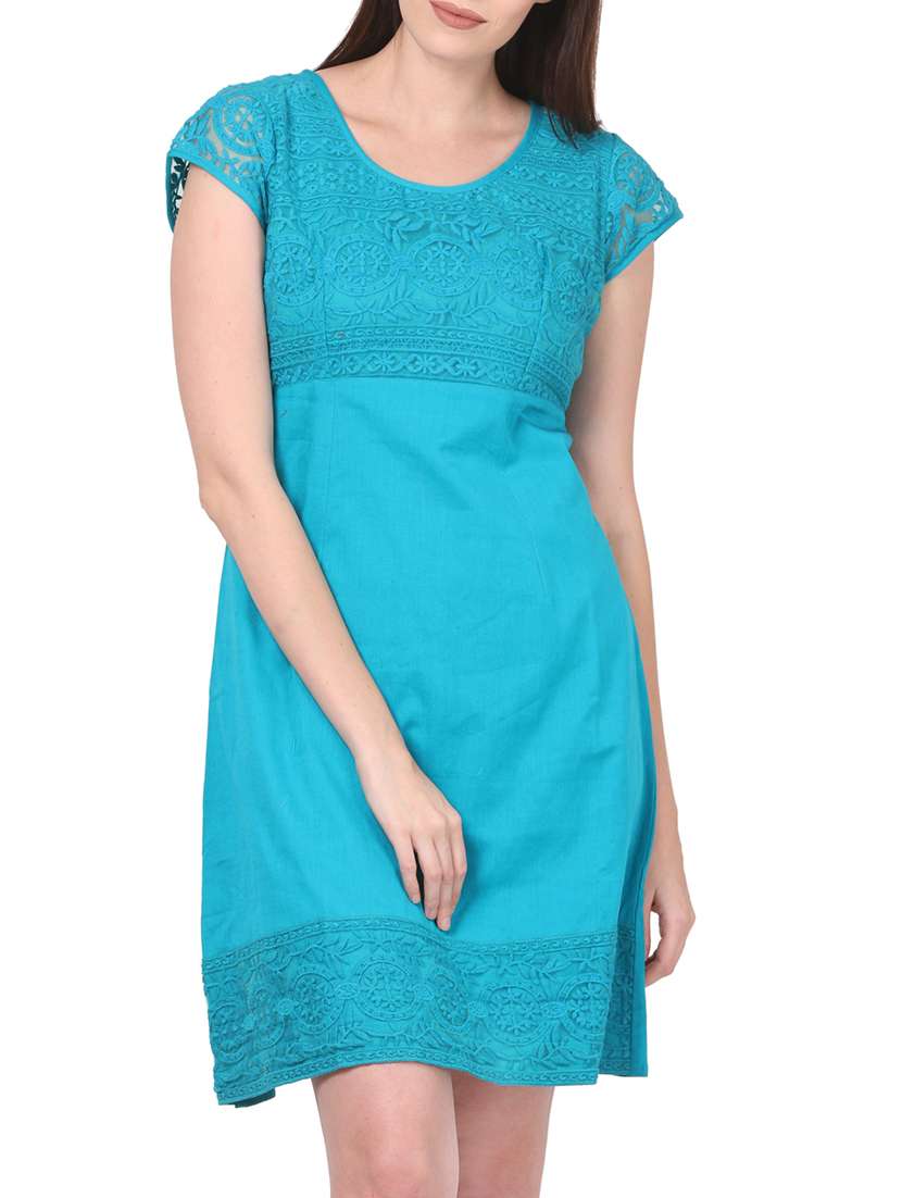 Solid turquoise embroidered linen dress