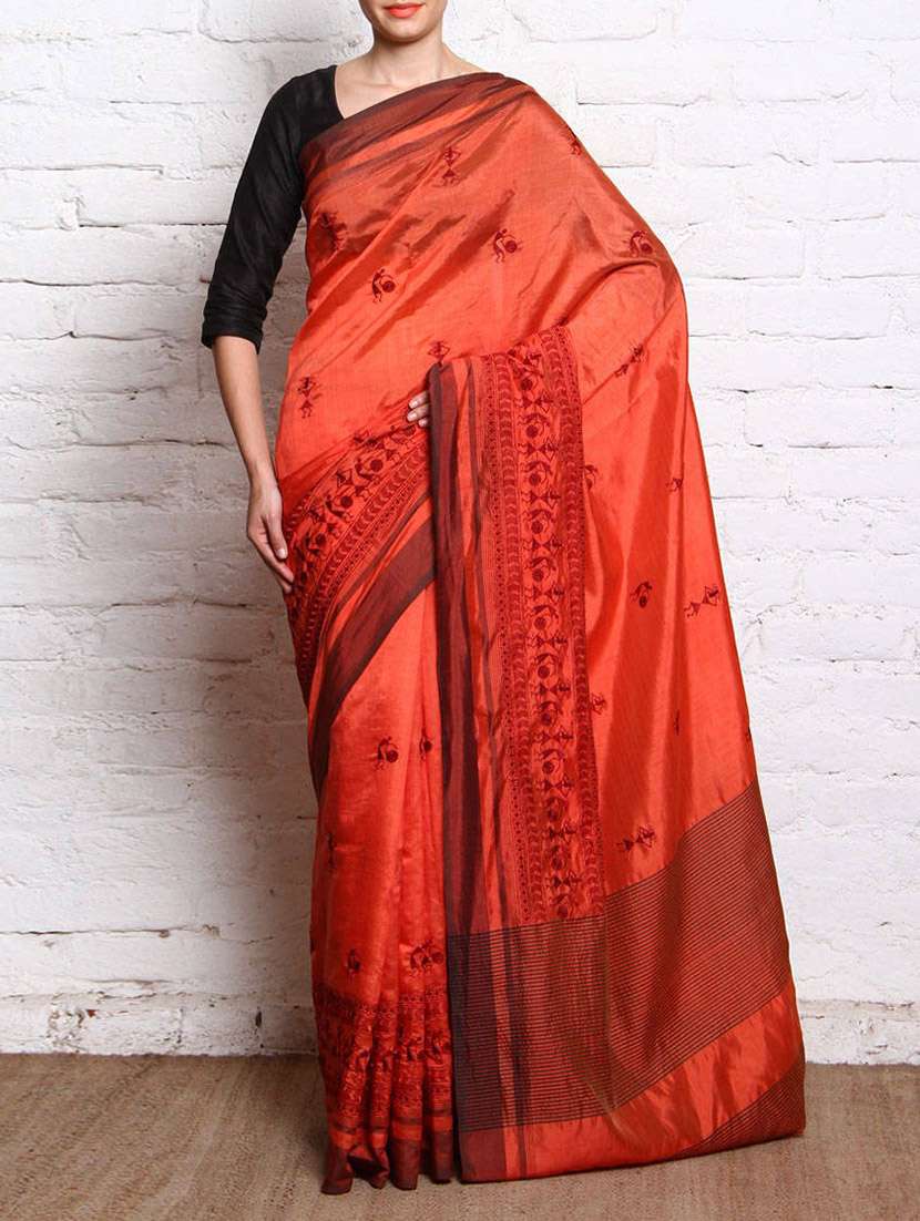 red embroidered saree with blouse