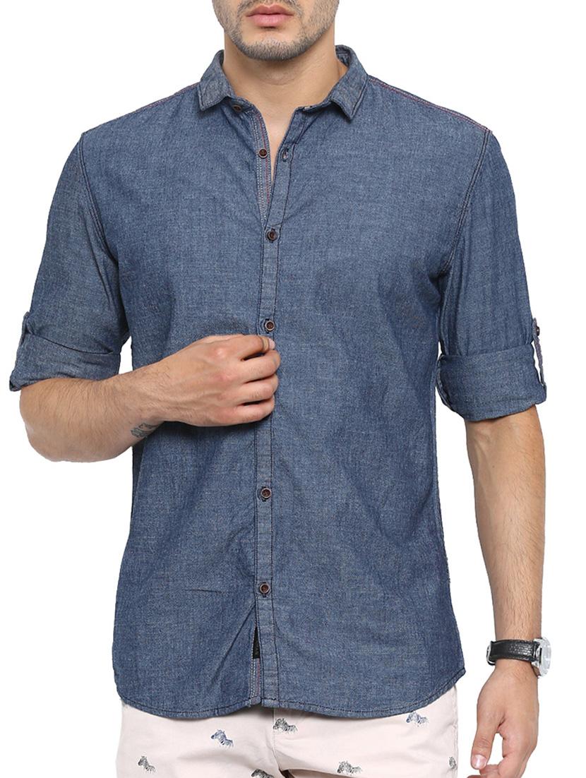 solid navy blue denim casual shirt