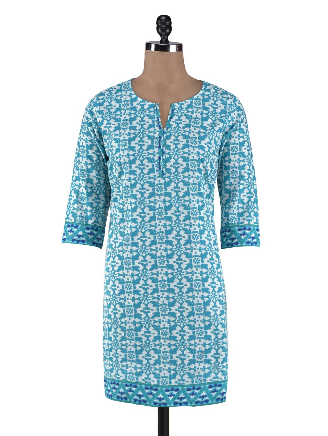 Turquoise Cotton Printed Kurti - By