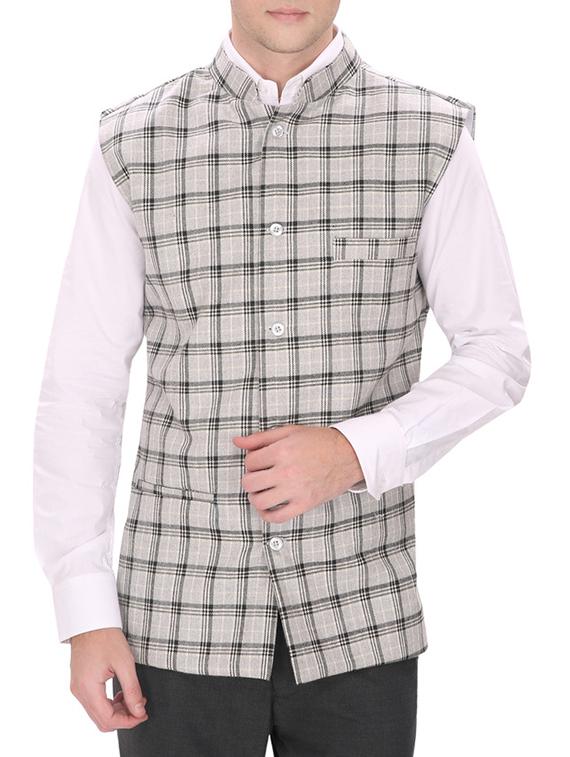 beige cotton nehru jacket - 12541363 -  Zoom Image - 0