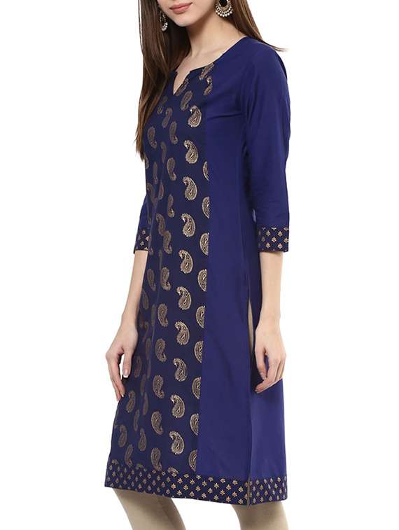 blue cotton straight printed kurta