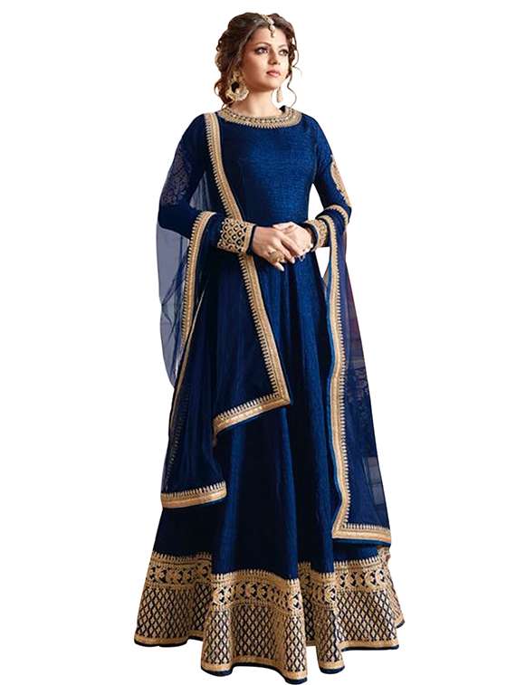 blue silk anarkali semi-stitched suit