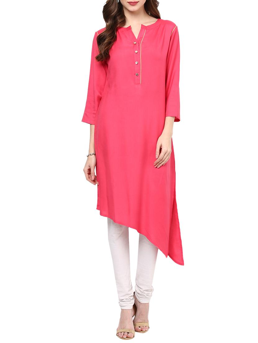 Pink Rayon Highlow Kurta - By