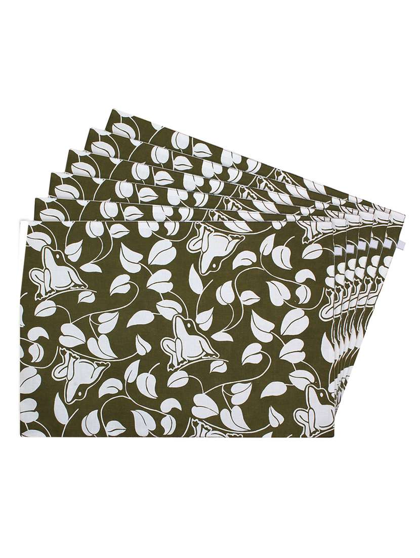 olive green printed reversible placemats for dining table - unique designs both sides - set of 6