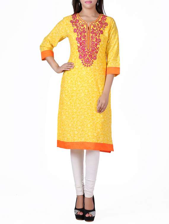 straight yellow cotton embroidered kurta