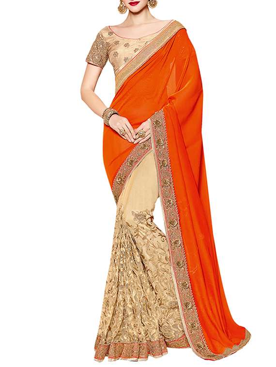 orange & beige silk embroidered half and half saree with blouse