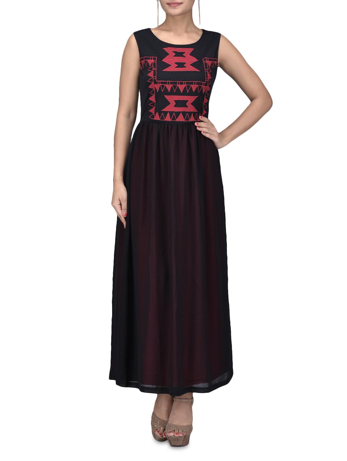 Black And Maroon Gathered Maxi Dress - By