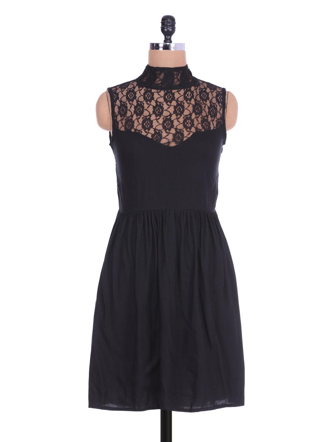 Black Sleeveless Rayon Dress With Lace Yoke - By