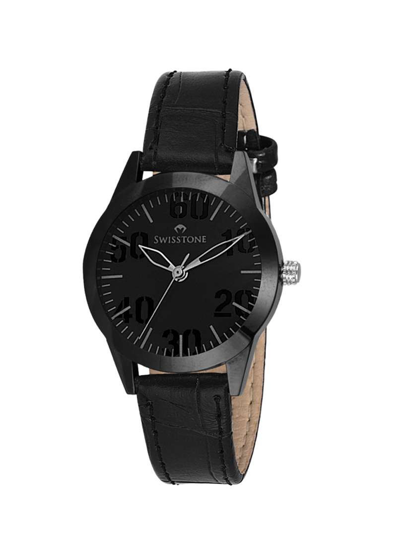 black dial black leather strap analog wrist watch