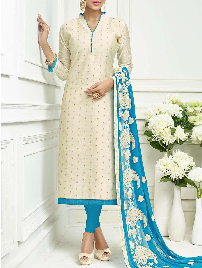 beige cotton blend churidaar dress material