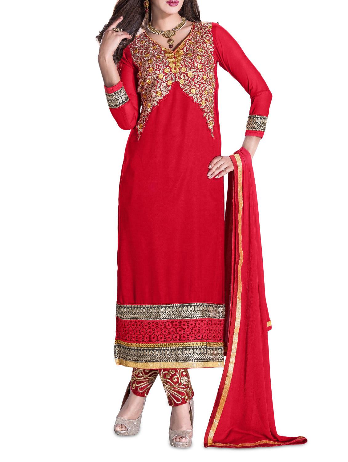 red unstitched embroidered suit set - 1276750 - Zoom Image - 0