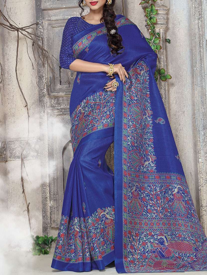 blue color printed saree with blouse