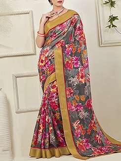 grey printed art silk saree with blouse