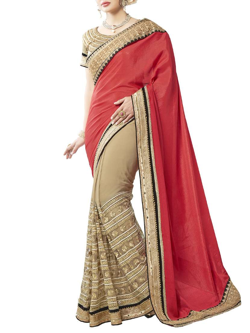 red georgette half and half saree with blouse