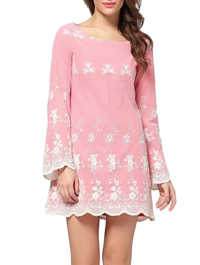 pink embroidered net a-line dress