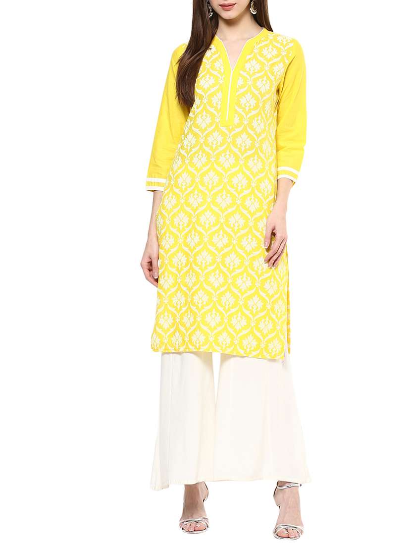 Yellow cotton block printed straight kurta
