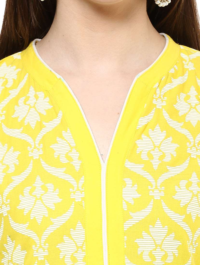 Yellow cotton block printed straight kurta - 12785262 -  Standard Image - 3