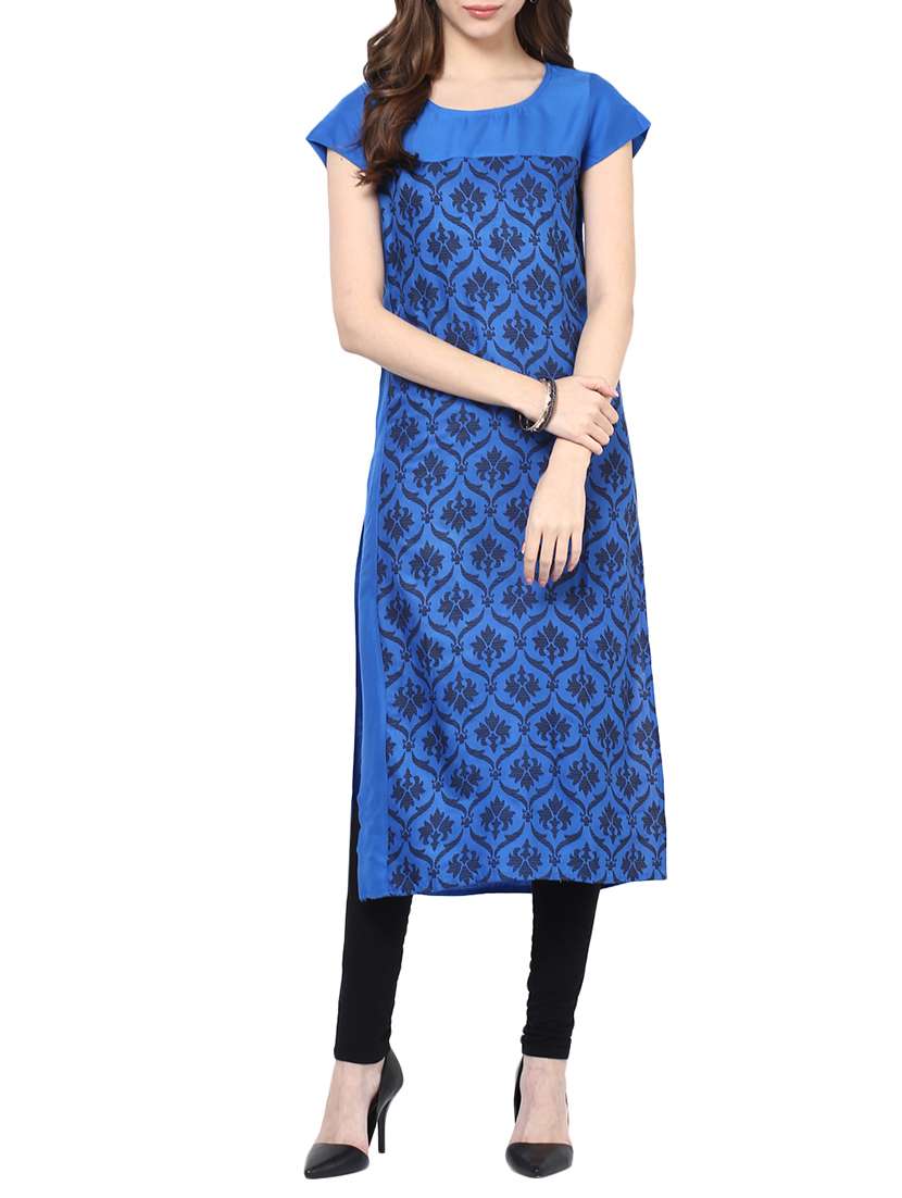 blue rayon block printed long kurta