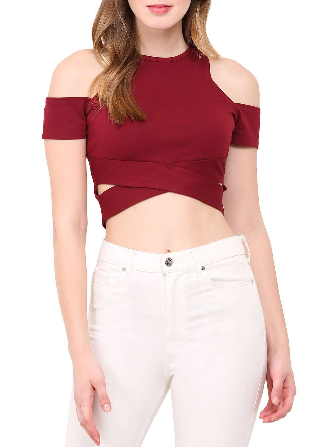 red polyester crop top