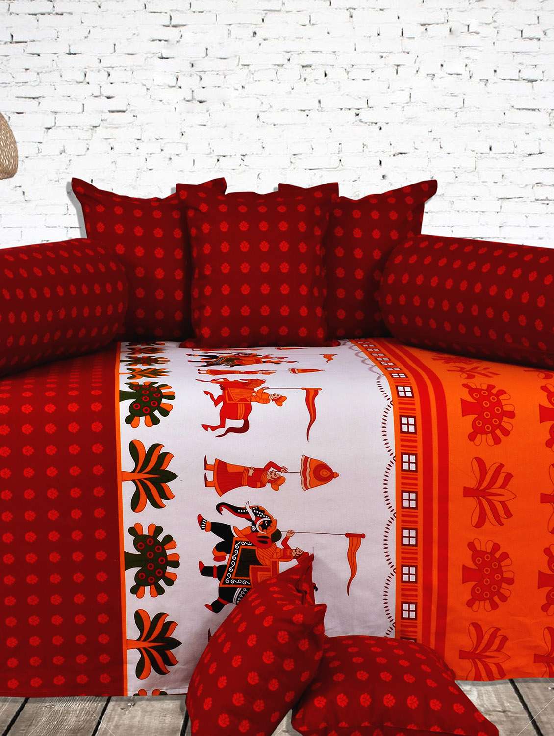 Salona Bichona 100 % Cotton Red Printed Diwan Set