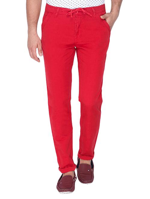 mufti mens red slim fit mid rise trousers - 12792480 - Standard Image - 0
