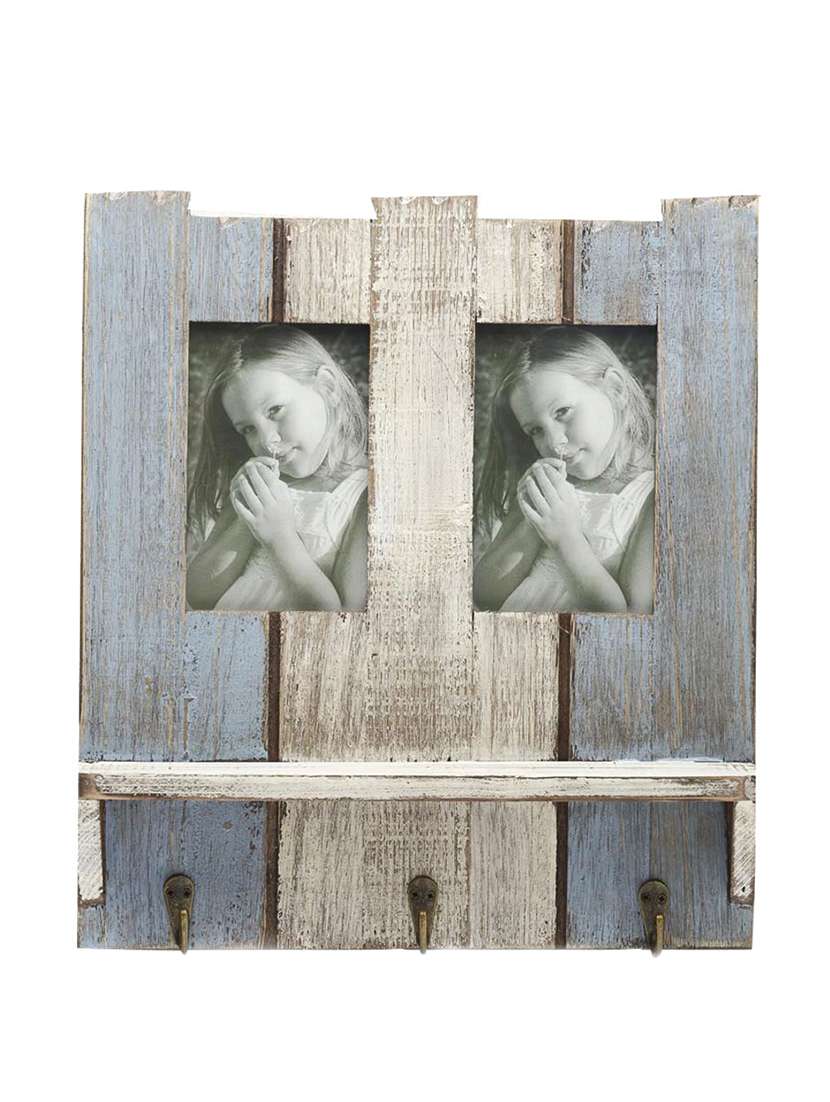 wooden blue photo frame with key hooks