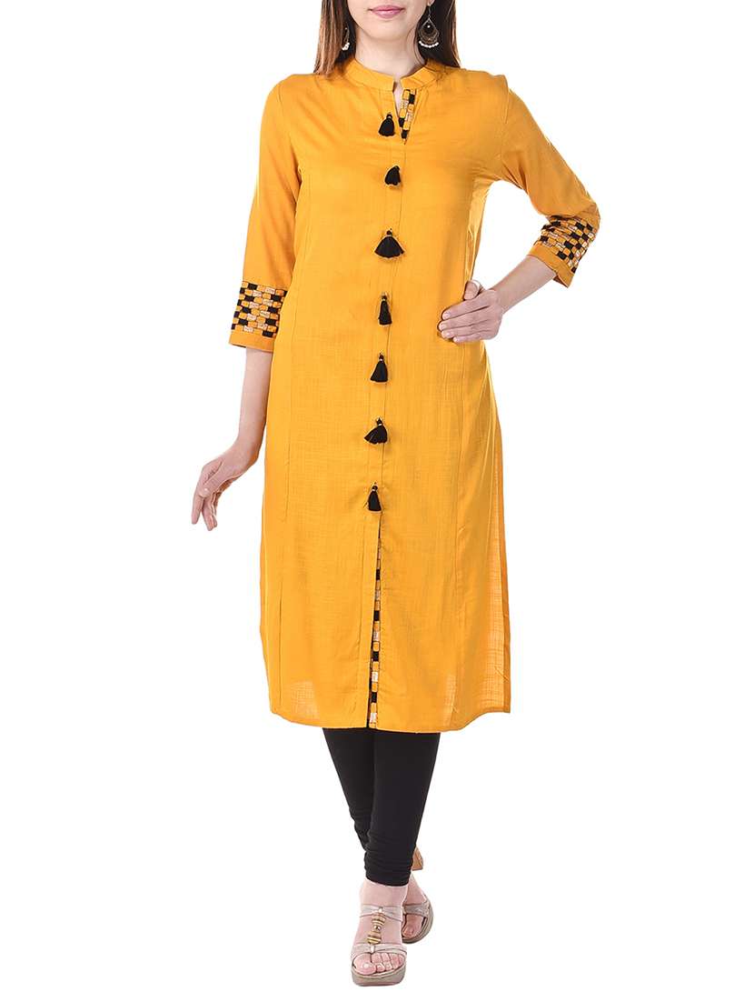 yellow cotton slub straight kurta - 12804921 -  Zoom Image - 0