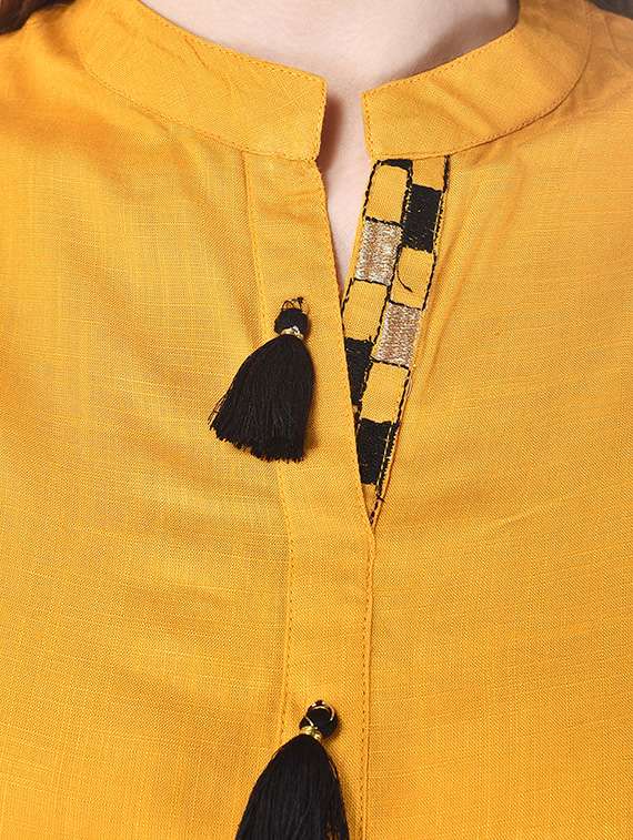 yellow cotton slub straight kurta - 12804921 - Standard Image - 3