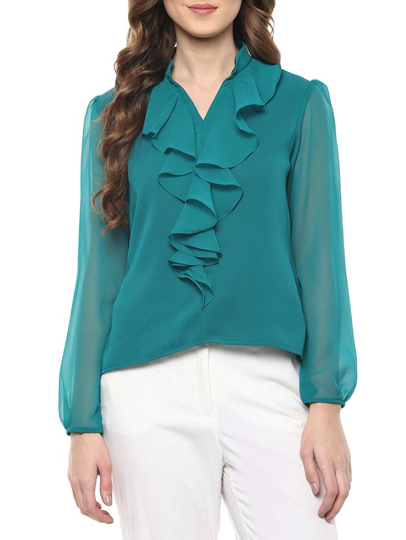 sheer sleeved ruffle detail top