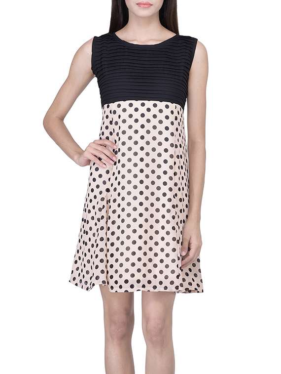 beige polka dots printed fit & flare dress