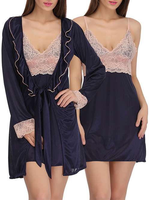 women solid navy blue satin nighty set - 12832971 - Standard Image - 0