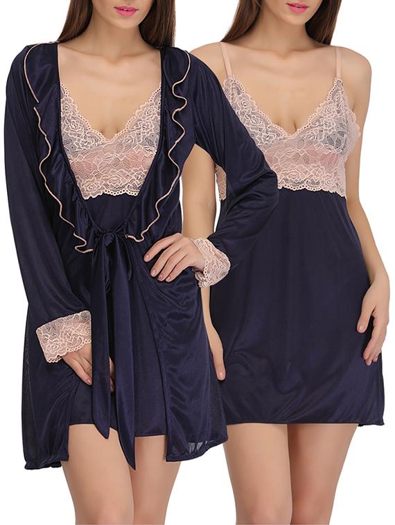 women solid navy blue satin nighty set - 12832971 - Zoom Image - 0