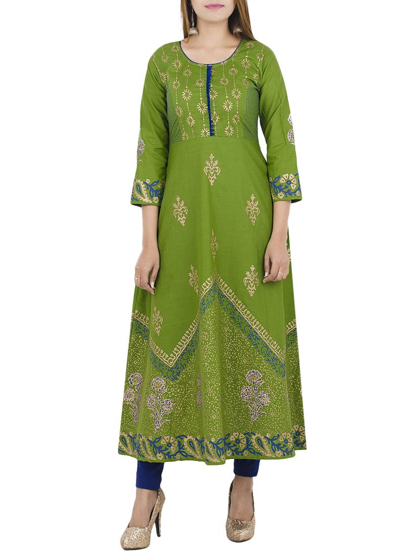 green cotton aline kurta - 12837524 -  Zoom Image - 0