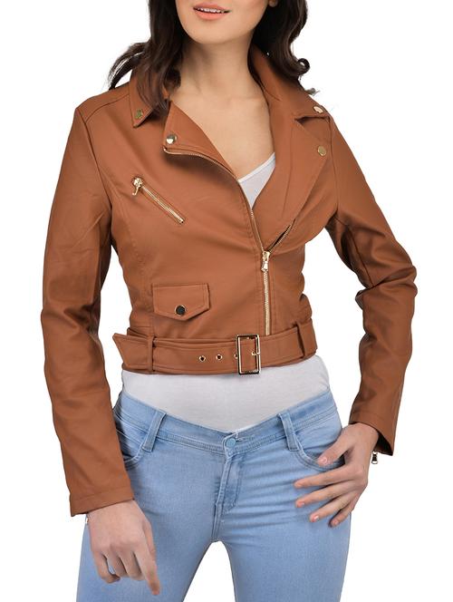 solid brown leatherette jacket - 12840384 -  Standard Image - 0
