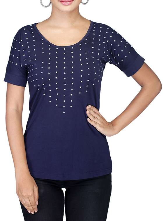 navy blue embellished short sleeved jersey top