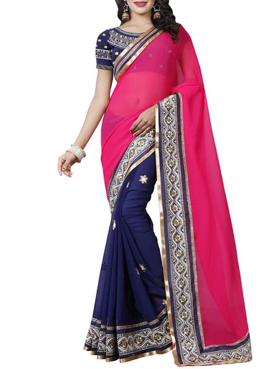 pink& blue georgette half & half saree with blouse